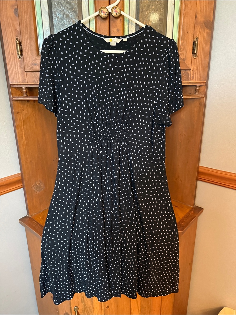 Boden Black & White Polka Dot Smocked Jersey Mini Dress with Pockets Size US 10R